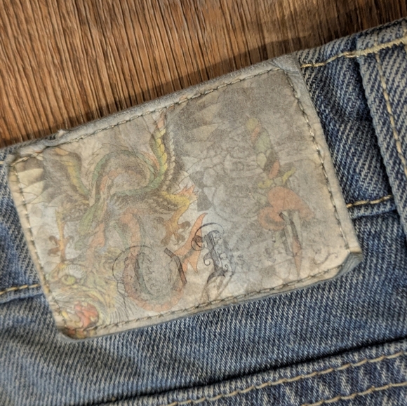 Ed Hardy Y2K Baggy Multi Tattoo Cropped Jeans Heart Dragon Tiger Snake Koi Sz 32 - Picture 10 of 14